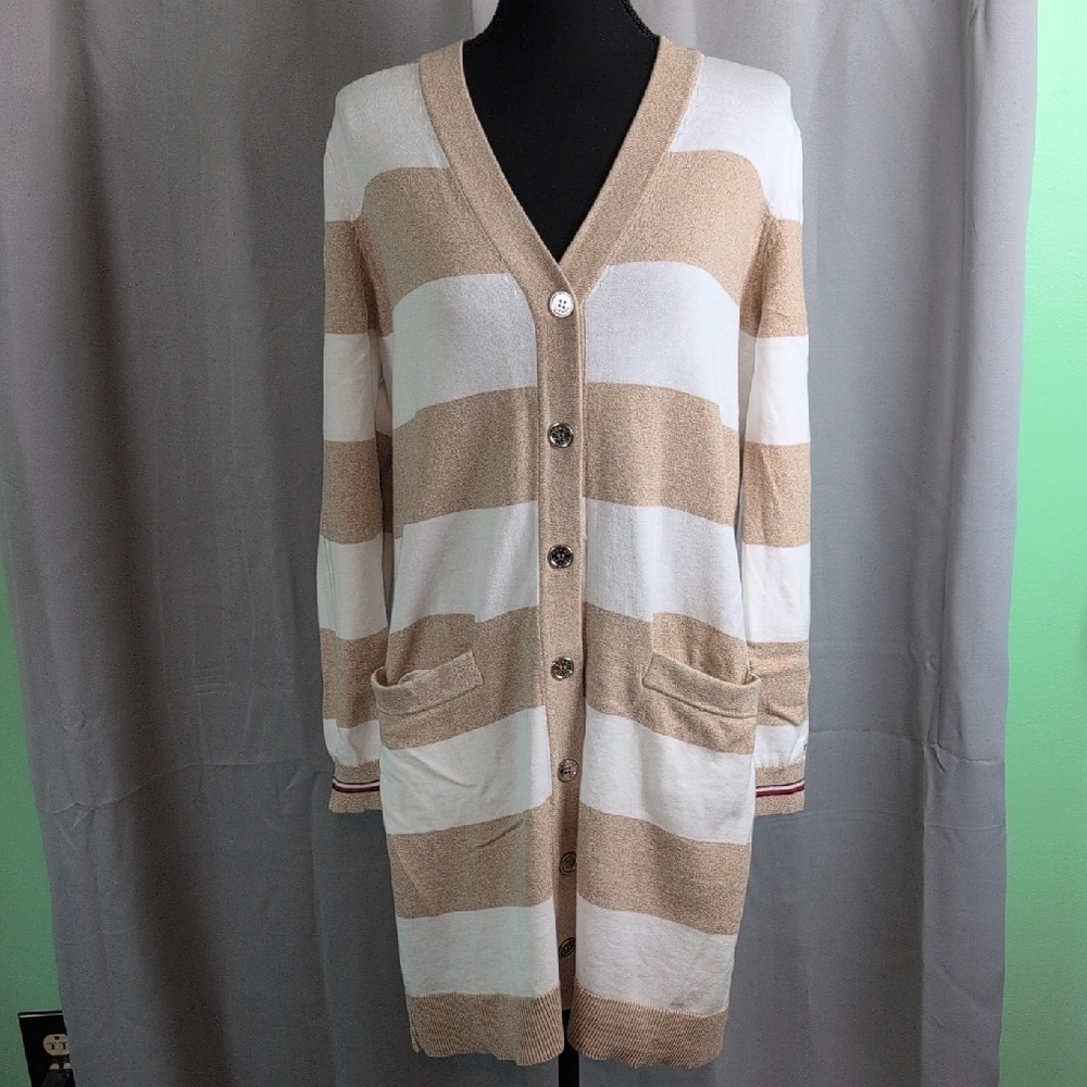 Tommy Hilfiger Striped Tan and White Long Cardigan Dress.‎ Medium. EUC